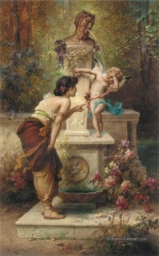 ange floral et fille jouant Hans Zatzka Peinture à l'huile